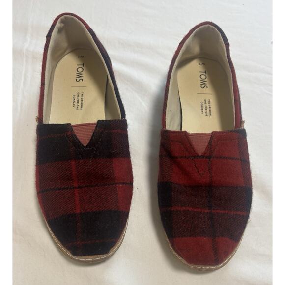 Toms Women's Buffalo Plaid Flannel Alpargata Slip Ons Red Black Size 7 Classic - Picture 2 of 5